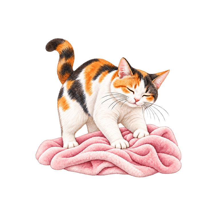 毛布をふみふみする三毛猫のイラスト（リアル・透過PNG）