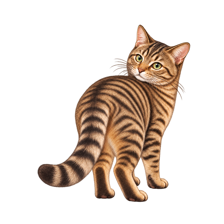 ふりむくキジトラ猫のイラスト（リアル・透過PNG）