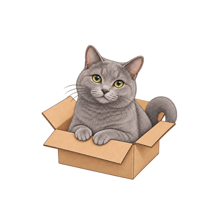箱に入ったグレーの猫のイラスト（リアル・透過PNG）