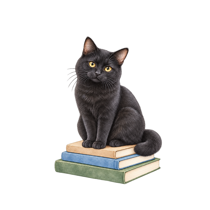 積んだ本にすまして座る黒猫のイラスト（リアル・透過PNG）
