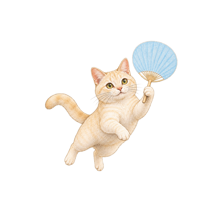 うちわにジャンプする猫のイラスト（リアル・透過PNG）