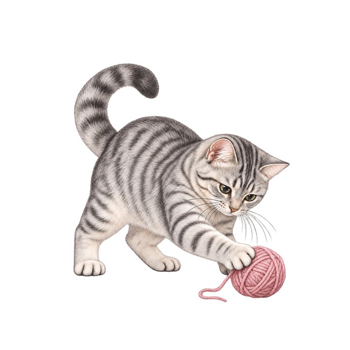 毛糸玉で遊ぶサバトラ猫のイラスト（リアル・透過PNG）