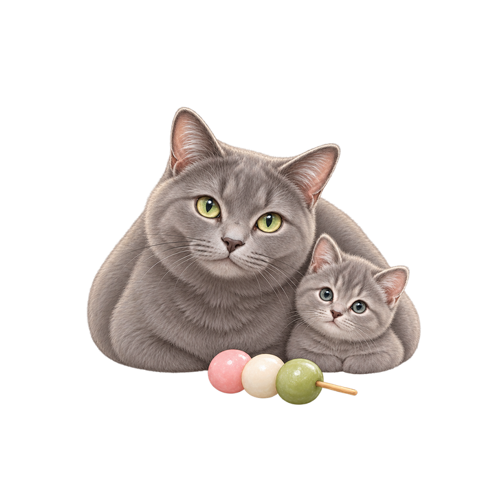 花見団子と香箱座りの親子猫のイラスト（リアル・透過PNG）