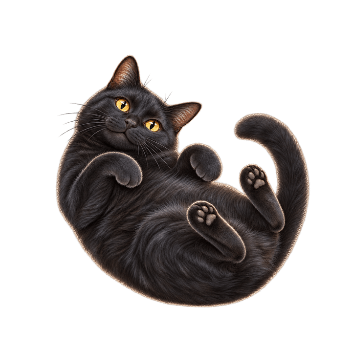 ごろんとあおむけの黒猫のイラスト（リアル・透過PNG）