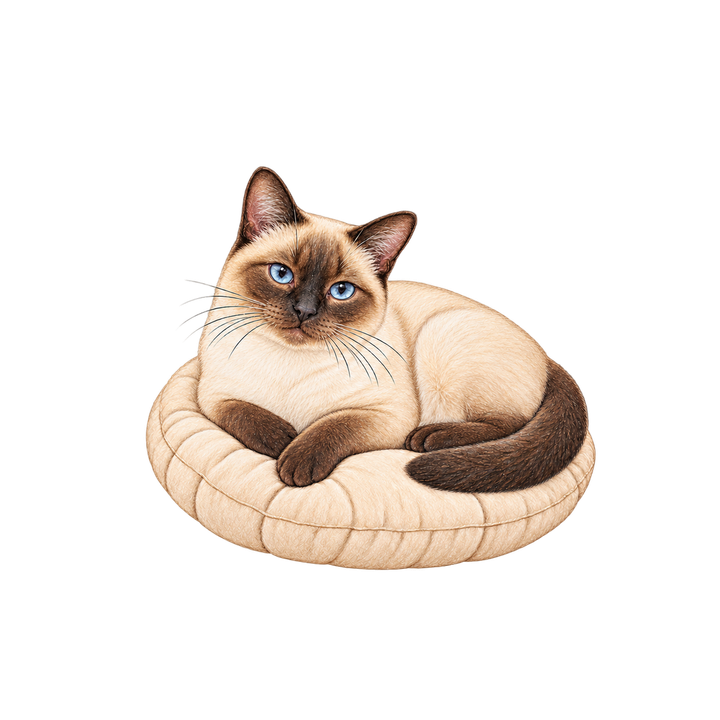 丸いクッションでくつろぐシャム猫のイラスト（リアル・透過PNG）