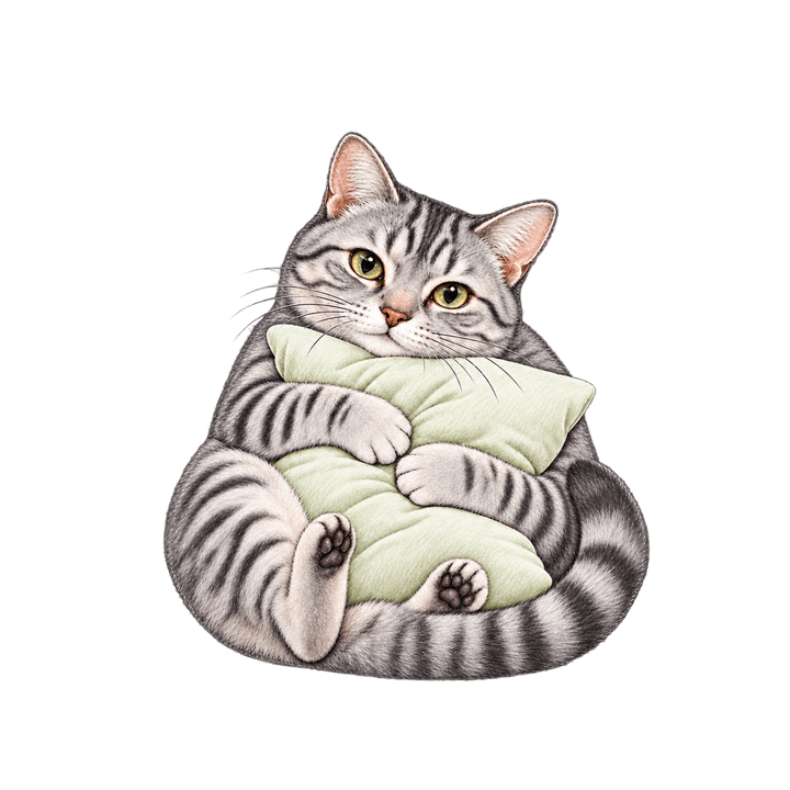 まくらを抱えるサバトラ猫のイラスト（リアル・透過PNG）