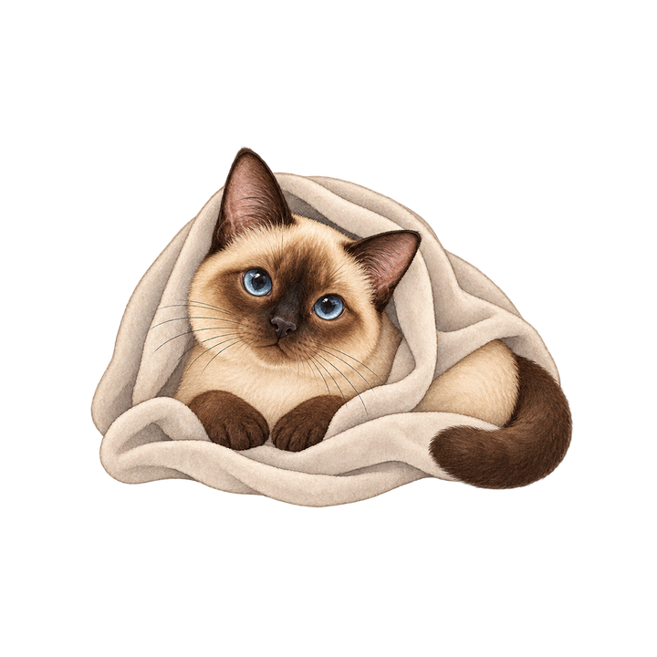 毛布にくるまるシャム猫のイラスト（リアル・透過PNG）
