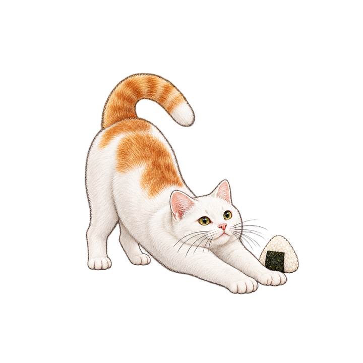 おにぎりのそばでのびをする茶白猫のイラスト（リアル・透過PNG）