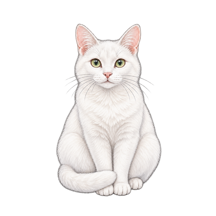 正面を向いて座る白猫のイラスト（リアル・透過PNG）
