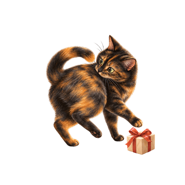 プレゼントのそばでしっぽを追うサビ猫のイラスト（リアル・透過PNG）
