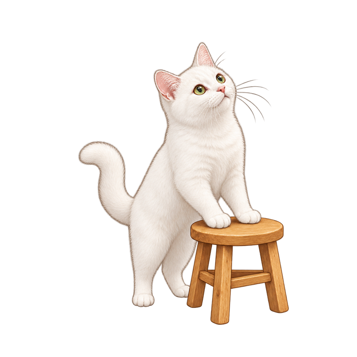 いすに前足をかけて立つ白猫のイラスト（リアル・透過PNG）