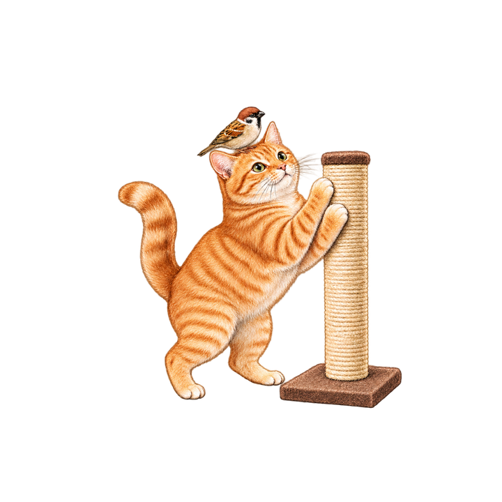 スズメと爪とぎする茶トラ猫のイラスト（リアル・透過PNG）