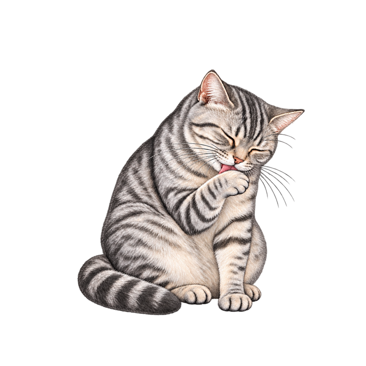 前足で毛づくろいするサバトラ猫のイラスト（リアル・透過PNG）