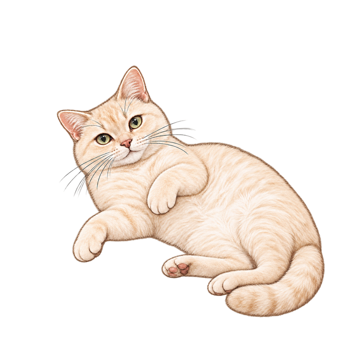 横になってくつろぐクリーム色の猫のイラスト（リアル・透過PNG）