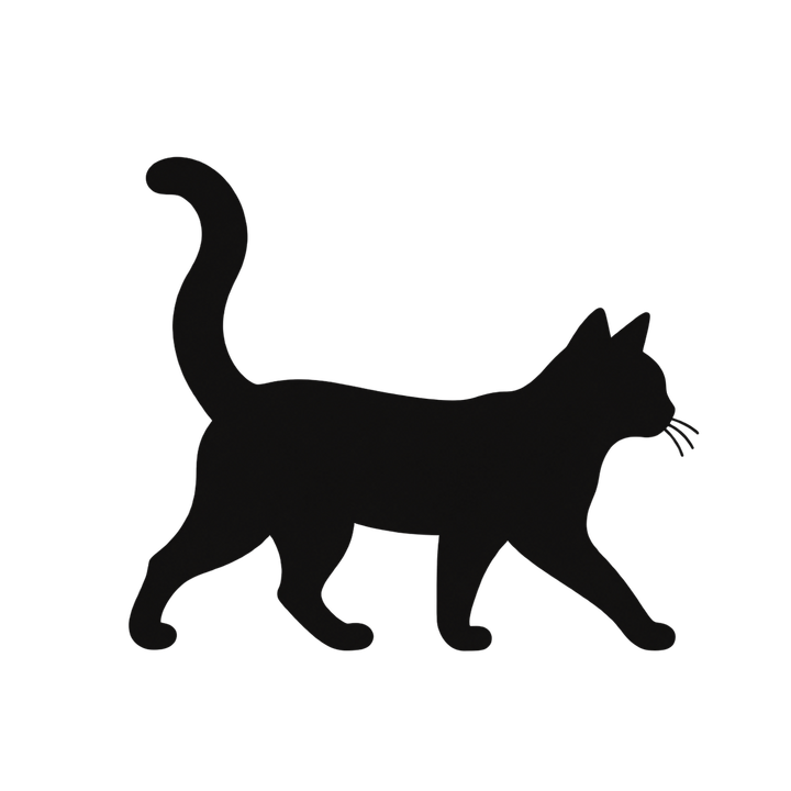 しっぽを立てて歩く猫のシルエットのイラスト（透過PNG）