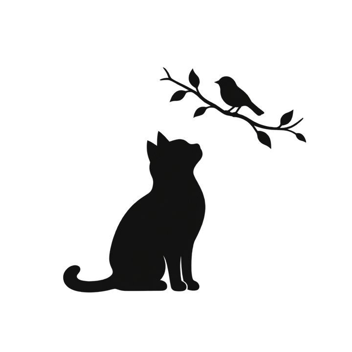 小鳥を見上げる猫のシルエットのイラスト（透過PNG）