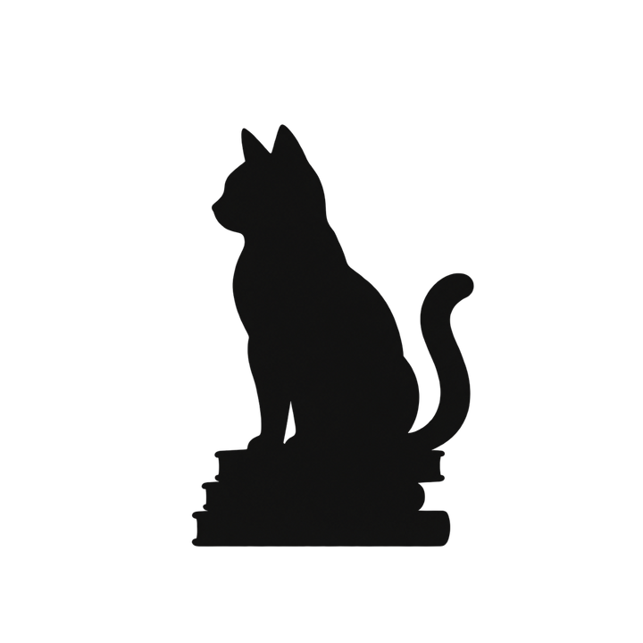 本の上に座る猫のシルエットのイラスト（透過PNG）