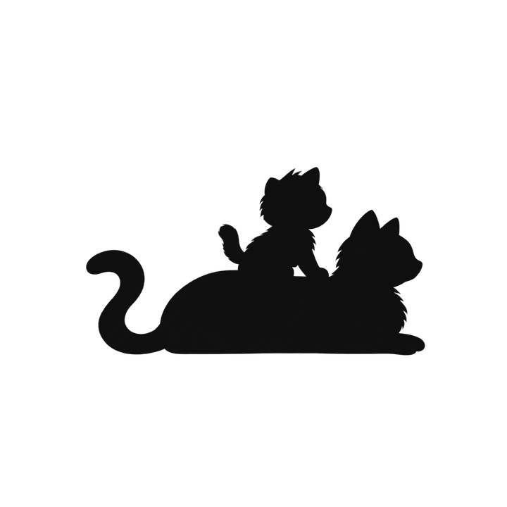親猫の背中に乗る子猫のシルエットのイラスト（透過PNG）