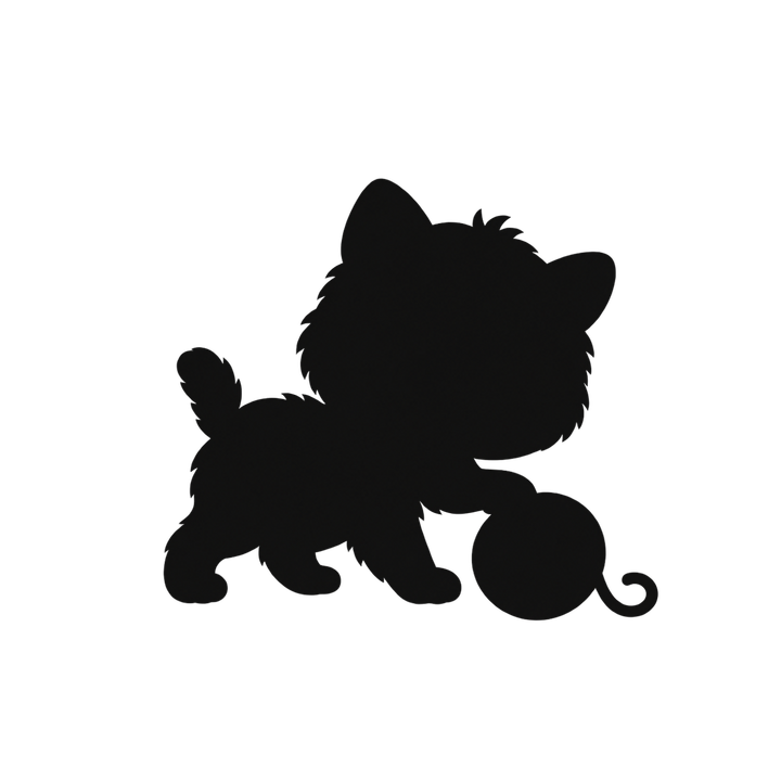 毛糸玉で遊ぶ子猫のシルエットのイラスト（透過PNG）