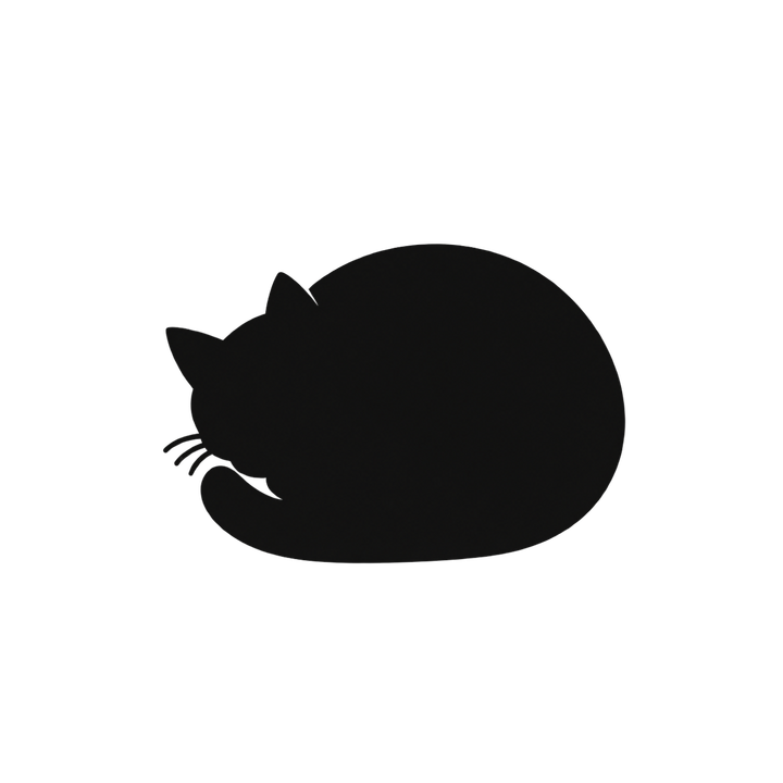 丸くなって眠る猫のシルエットのイラスト（透過PNG）
