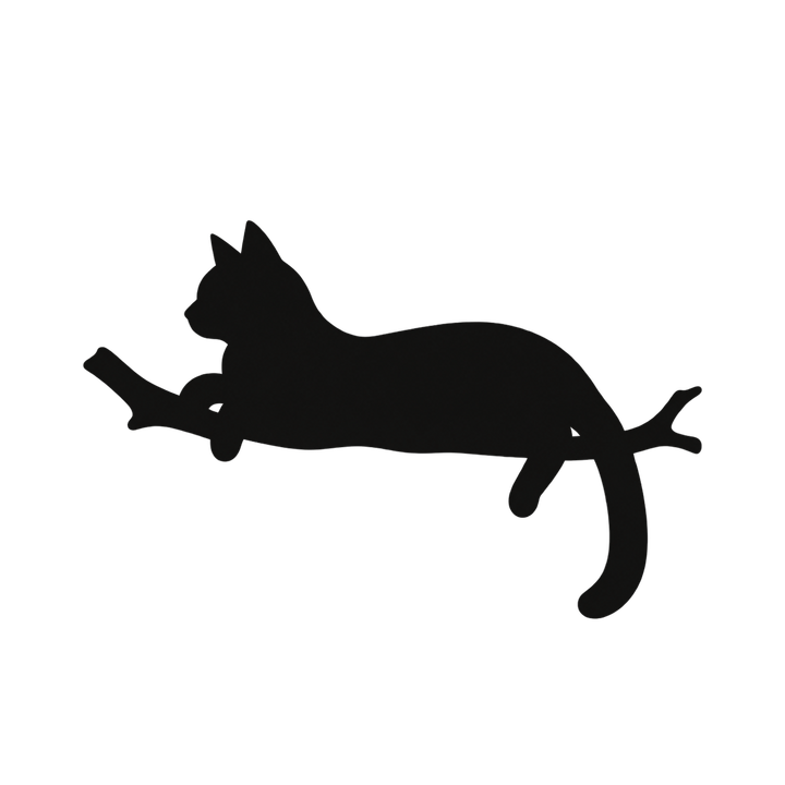 木の枝でくつろぐ猫のシルエットのイラスト（透過PNG）