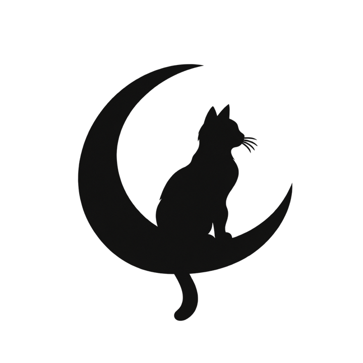三日月に座る猫のシルエットのイラスト（透過PNG）