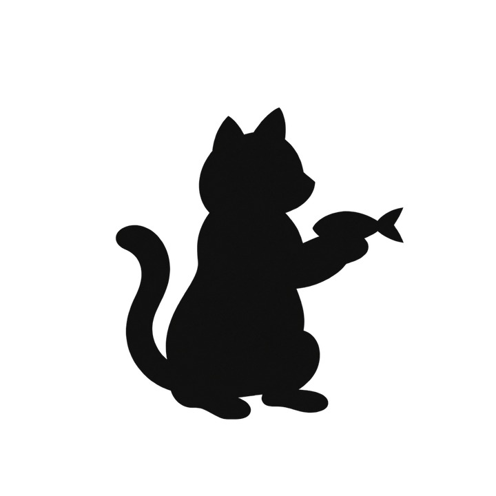 魚を持つ猫のシルエットのイラスト（透過PNG）