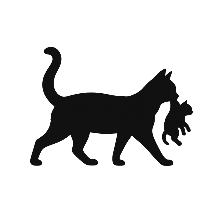 子猫をくわえて運ぶ親猫のシルエットのイラスト（透過PNG）