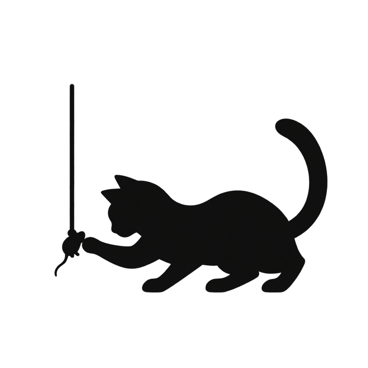 ねずみのおもちゃで遊ぶ猫のシルエットのイラスト（透過PNG）