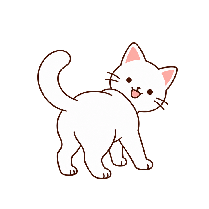 舌を出してふりむく白猫のイラスト（シンプル・透過PNG）