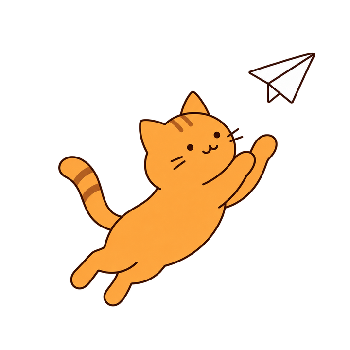 紙ひこうきにジャンプする茶トラ猫のイラスト（シンプル・透過PNG）