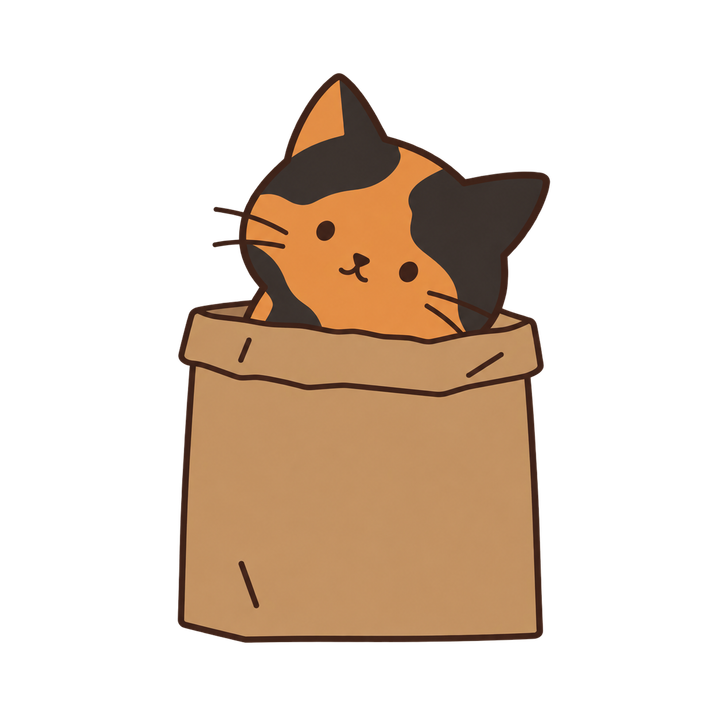紙袋に入ったサビ猫のイラスト（シンプル・透過PNG）