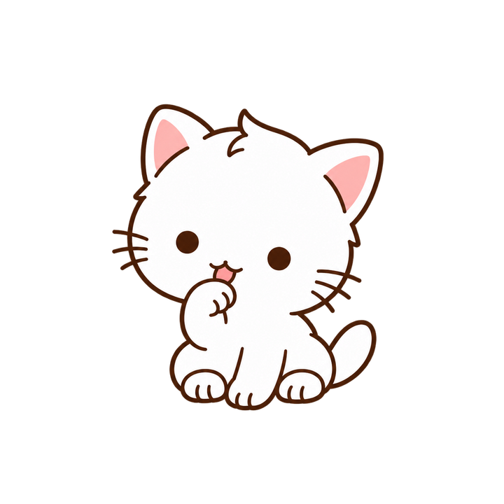 前足をなめる白い子猫のイラスト（シンプル・透過PNG）