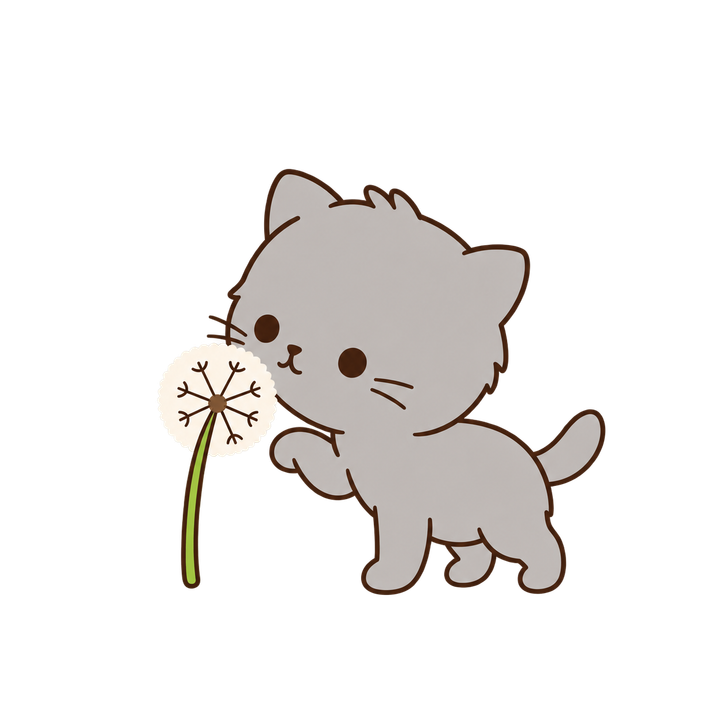 たんぽぽの綿毛と子猫のイラスト（シンプル・透過PNG）