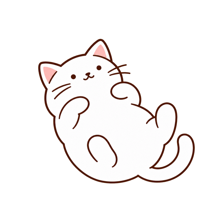 ころんとあおむけの白猫のイラスト（シンプル・透過PNG）