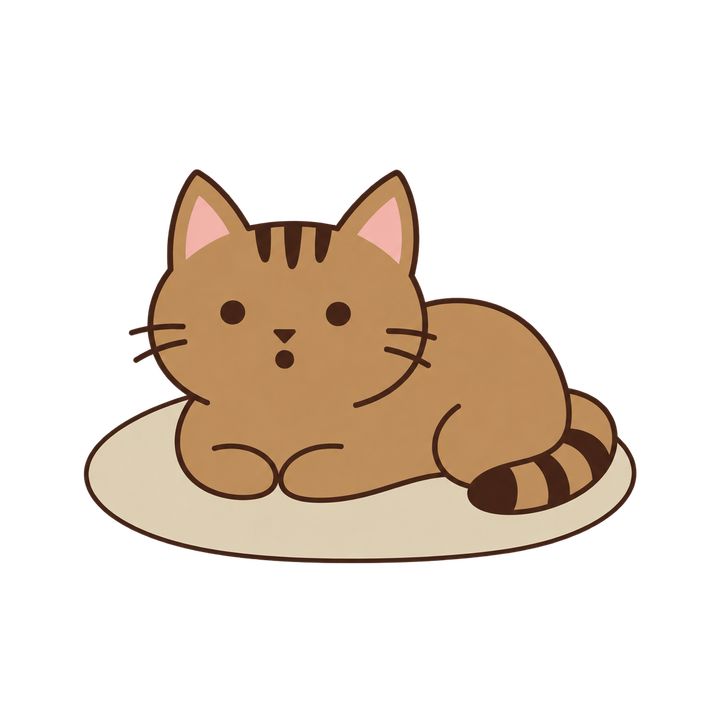 クッションに座るキジトラ猫のイラスト（シンプル・透過PNG）
