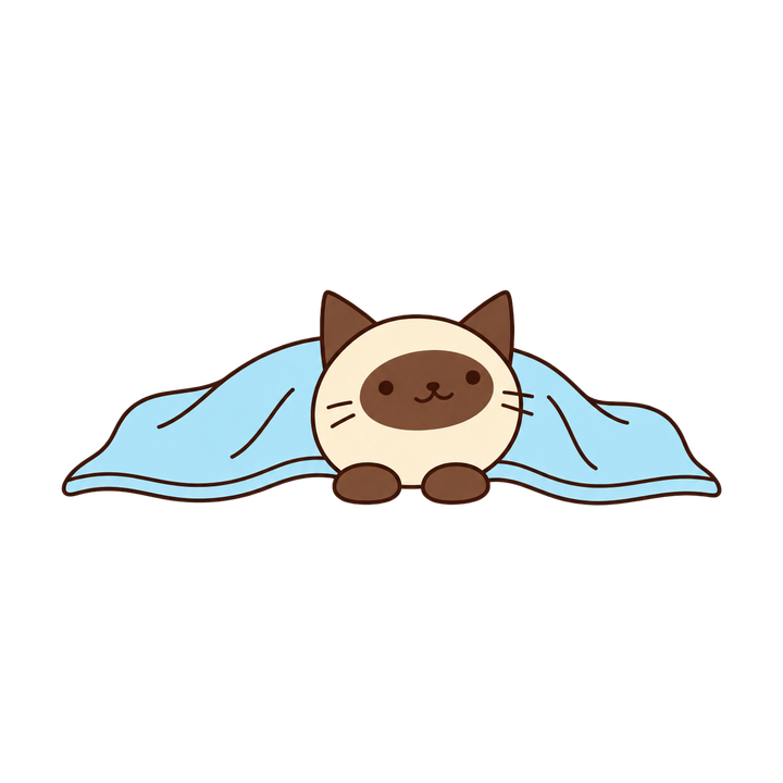 毛布から顔を出すシャム猫のイラスト（シンプル・透過PNG）