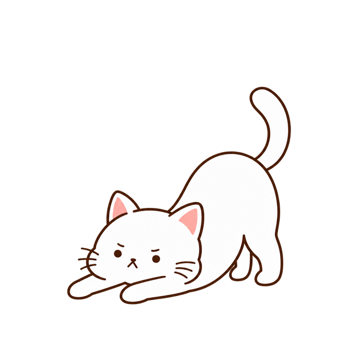 のびをする白猫のイラスト（シンプル・透過PNG）