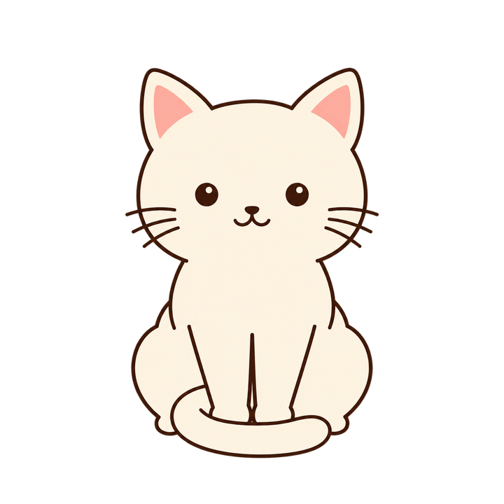 正面を向いて座るクリーム色の猫のイラスト（シンプル・透過PNG）