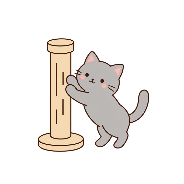 爪とぎするグレーの猫のイラスト（シンプル・透過PNG）