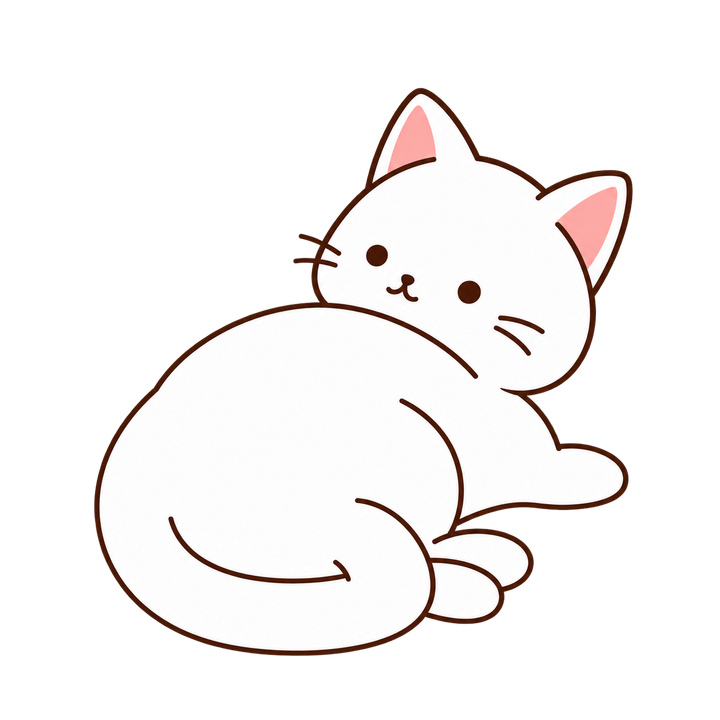 寝ころんでふりむく白猫のイラスト（シンプル・透過PNG）