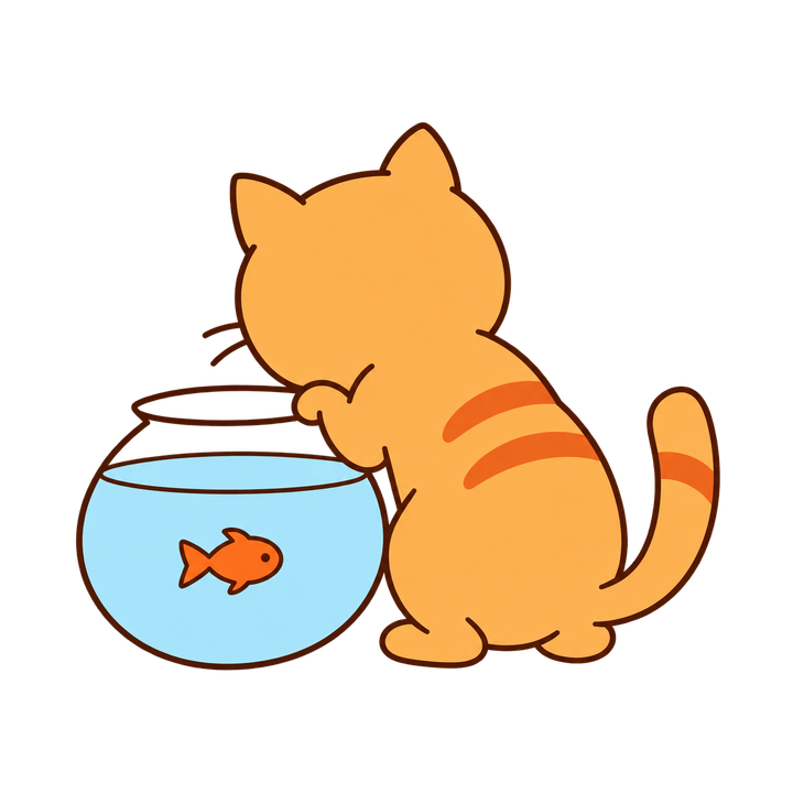 金魚鉢をのぞく茶トラ猫のイラスト（シンプル・透過PNG）