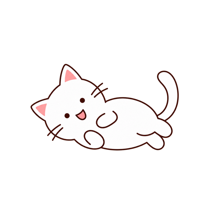 横になって笑う白猫のイラスト（シンプル・透過PNG）