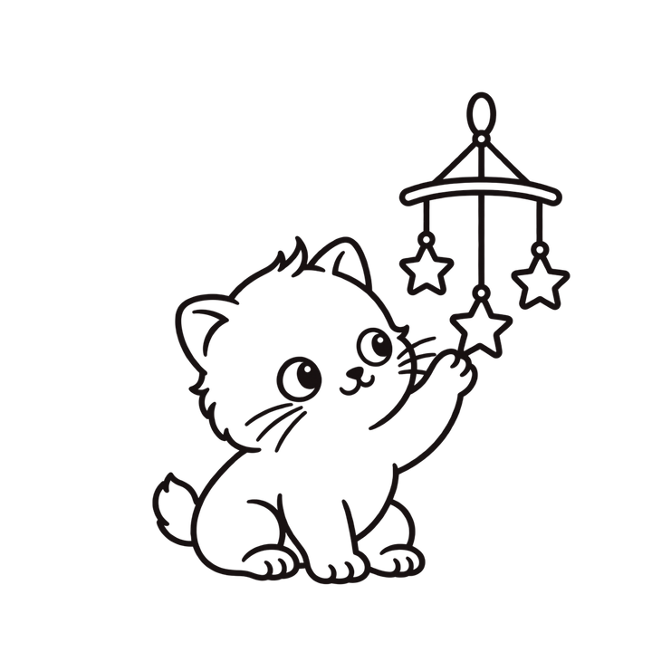星のモビールで遊ぶ線画の子猫のイラスト（おしゃれ・線画・ぬりえにも・透過PNG）