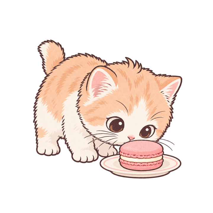 マカロンのにおいをかぐ子猫のイラスト（おしゃれ・透過PNG）
