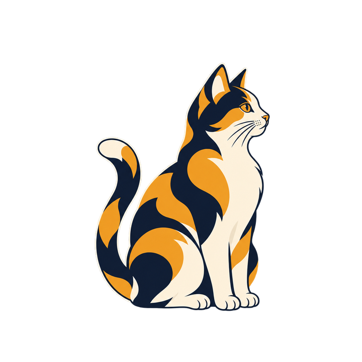 すらりと座るおしゃれな三毛猫のイラスト（透過PNG）