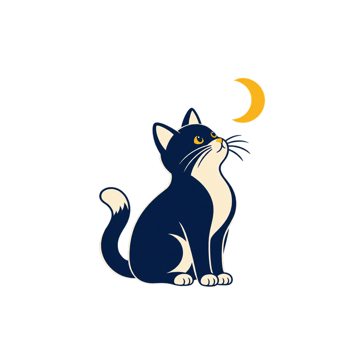 月を見上げるおしゃれな猫のイラスト（透過PNG）
