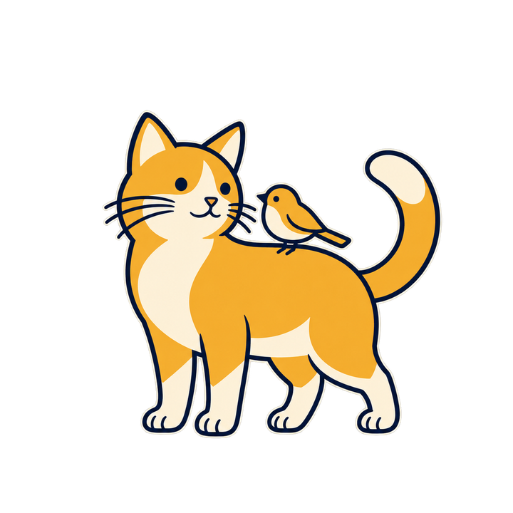 小鳥とおしゃれな猫のイラスト（透過PNG）
