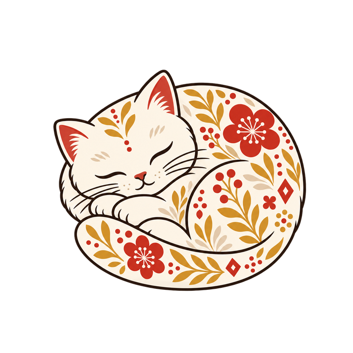 北欧柄の眠る白猫のイラスト（おしゃれ・透過PNG）