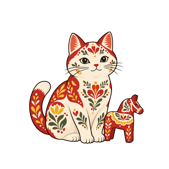 北欧の木馬と花もようの猫のイラスト（おしゃれ・透過PNG）